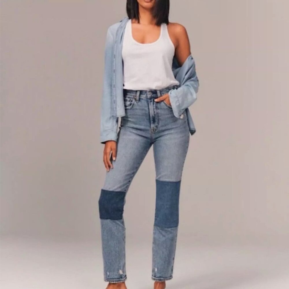 Abercrombie & Fitch Ultra High Rise Ankle Straight Jeans Medium Wash Patchwork